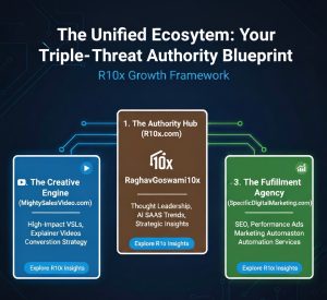 R10x Triple-Threat Ecosystem Infographic showing R10x, Mighty Sales Video, and Specific Digital Marketing